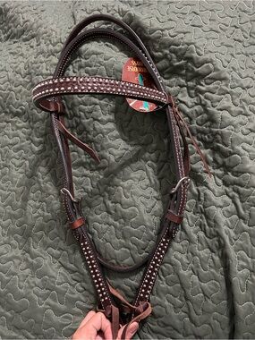 Turquoise Cross Studded browband dark leather headstall NWT